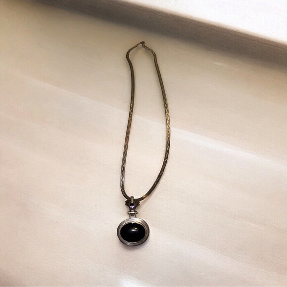 VTG PIP 925 sterling & large oval shape amethyst/Onyx pendant On Reverse chain - Picture 2 of 7